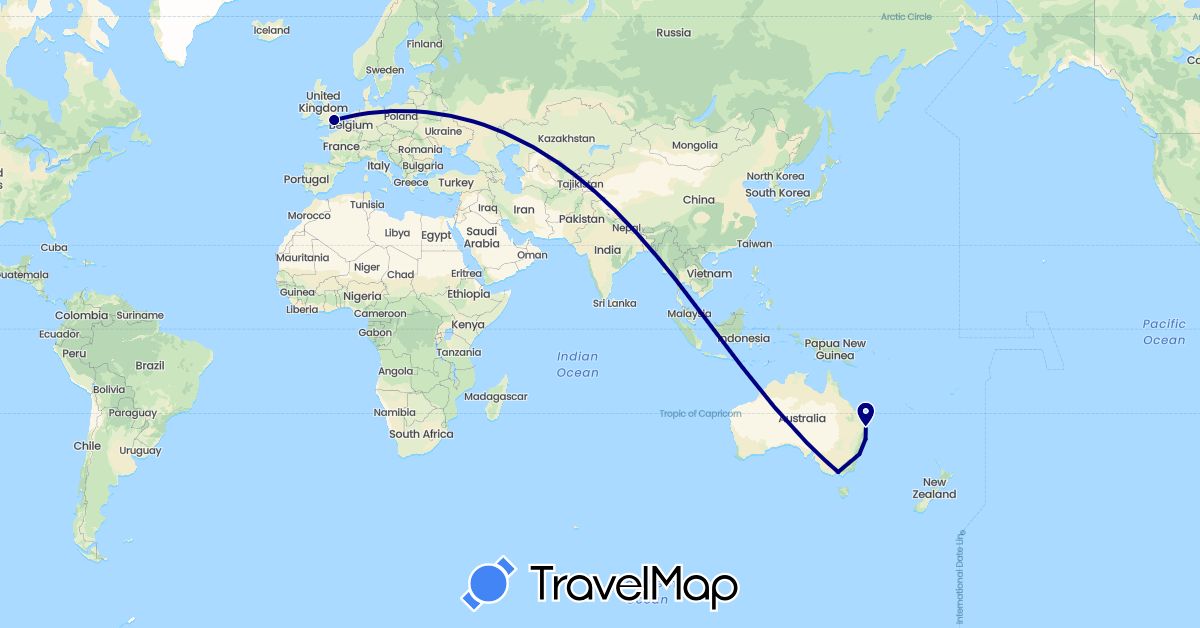 TravelMap itinerary: driving in Australia, United Kingdom (Europe, Oceania)